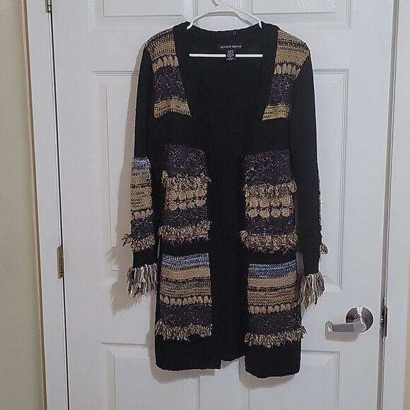 Mistror Image black button down fringe cardigan woman's size small - Picture 6 of 7